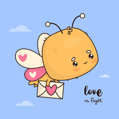 Funny flying butterfly character with love letter envelope. Cute cartoon insect kawaii. Vector illustration. Cool card. Kids collection