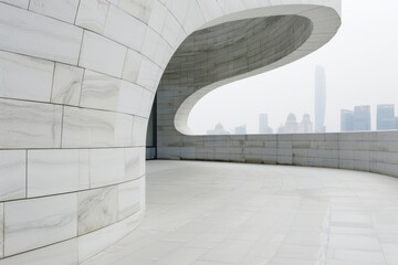 Obraz premium modern architectural design with curved glass facade and city skyline