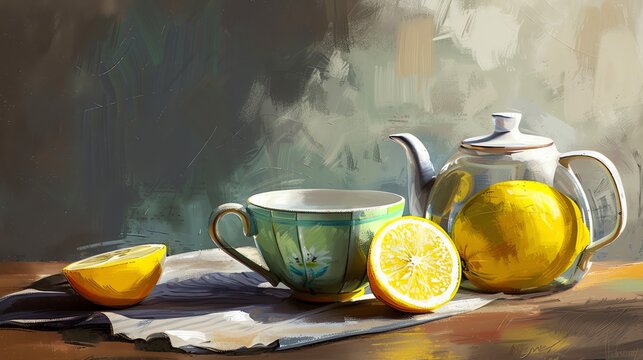 The teapot painting is accompanied by bright yellow lemons.
