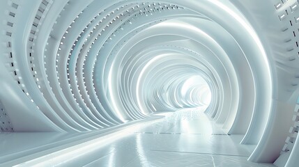 Obraz premium High-angle view of an illuminated white 3D room, with abstract shapes and patterns that create a sense of a futuristic technology tunnel.