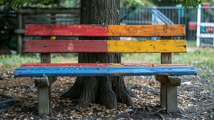 Fototapeta premium Whimsical Bench Painted with Rainbow Stripes in Playground