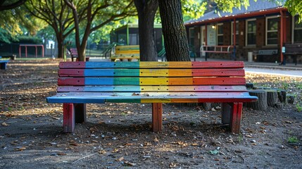 Bright Rainbow Bench Resting Under a Tree in School Yard