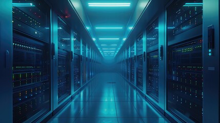 A high-tech server room with rows of servers and blue LED lights, Server Room, Cool tones, Digital illustration, futuristic