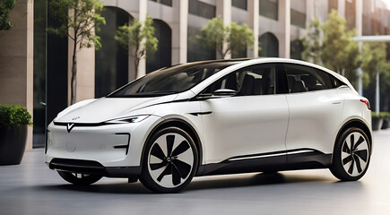 The sleek design and features of a modern electric car, both interior and exterior. Highlight the technological advancements and eco-friendliness

