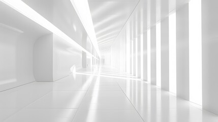 Obraz premium Digital image of a bright white 3D room with a minimalist design, illuminated by soft lights, creating an abstract space with a technology tunnel vibe.