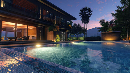 A stunning modern house featuring a sleek design, harmoniously complemented by a luxurious pool. The perfect fusion of sophistication and relaxation, creating a captivating ambiance.