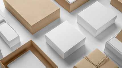 A variety of packaging designs displayed in a grid, including cardboard boxes, gift boxes, pouches, and cosmetic containers, showcasing different materials, colors, and styles packaging mockup
