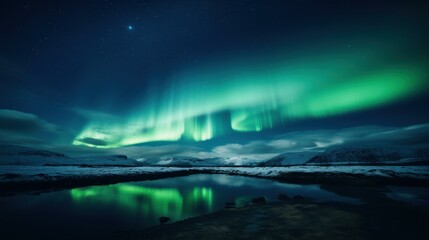 Naklejka premium Explore the mesmerizing winter landscape featuring the Aurora lights, snowcapped mountains, and frozen oceans at night.