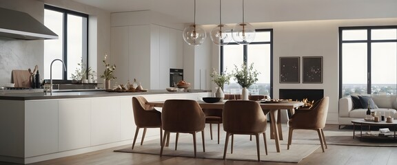 Fototapeta premium download Luxurious kitchen interior design with minimal dining interior with wooden chair and dining table 