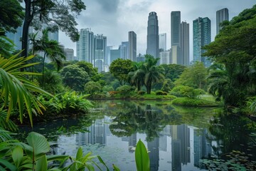 A serene moment in a busy urban park, with a pond surrounded by lush greenery and modern skyscrapers in the background. The contrast between nature and city life creates a harmonious scene.