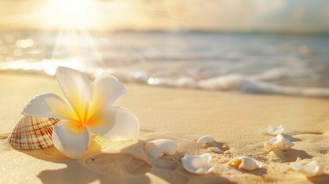 Flower and seashell with sunlight on sandy beach