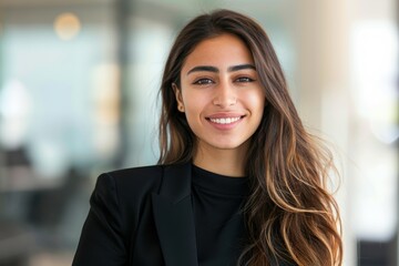 Fototapeta premium Smiling woman in black blazer