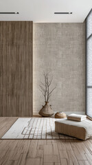 Serene interiors composition in soft dark and earthy tone with minimalist decor. Interior design composition for residential Real Estate.