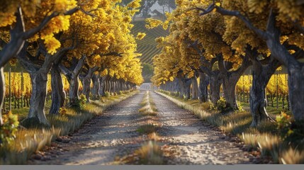 Naklejka premium A road with trees on both sides and a sky in the background. Generate AI image