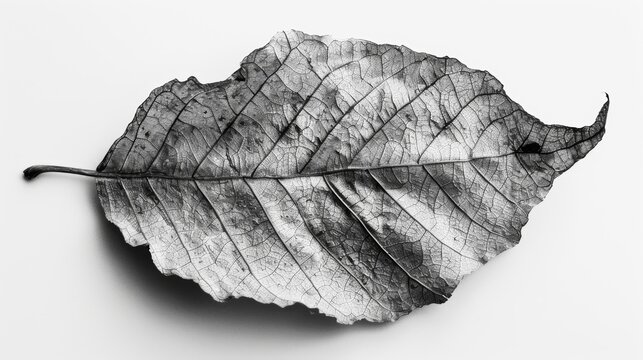 A dried crumbled leaf is transformed into a work of art with its unique textures and patterns captured in black and white. Black and white art