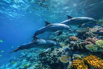A serene underwater shot of a school of dolphins swimming gracefully through the deep blue ocean, surrounded by colorful coral formations and shimmering fish