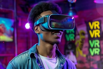Young man in neon lit room with VR headset exploring immersive virtual reality technology and advanced digital experiences
