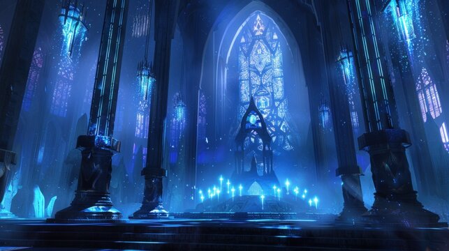 A blue cathedral with stained glass windows and a large altar. Generate AI image