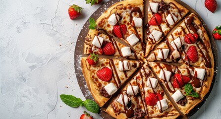 Delicious strawberry and marshmallow pizza with chocolate drizzle