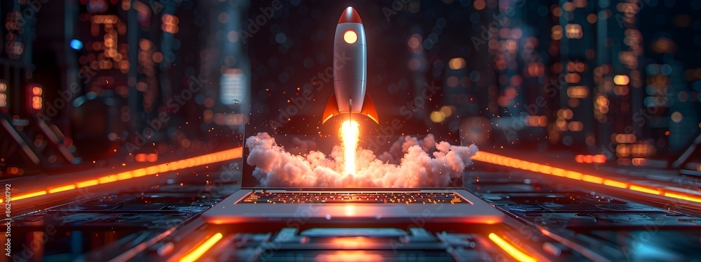 Poster modern 3d rendered startup concept with laptop rocket icon programming workflow and neon color