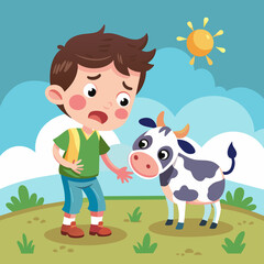Fototapeta premium a kid crying for his cow