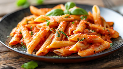 plate of Classic italian pasta penne alla arrabiata  with Tomato Bolognese Sauce . on the table 
