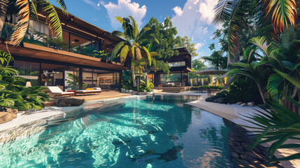 A tropical paradise residence with a private pool and lush landscaping. The open-air design allows seamless indoor-outdoor living, with the house showcasing a blend of modern luxury .