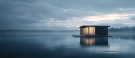 A serene houseboat floating on a misty lake at dawn, illuminated softly, capturing peacefulness and solitude in nature.