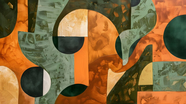 Abstract painting in earthy tones of terracotta and moss green, with a juxtaposition of organic and angular forms