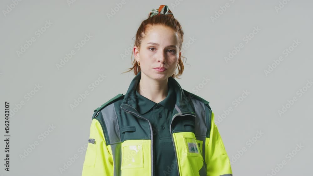 Wall mural Serious young female paramedic wearing uniform in front of plain studio background - shot in slow motion