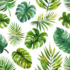 Tropical Rainforest Canopy, seamless pattern, small scale pattern, hand drawn flat art, watercolor, clean illustration, white background