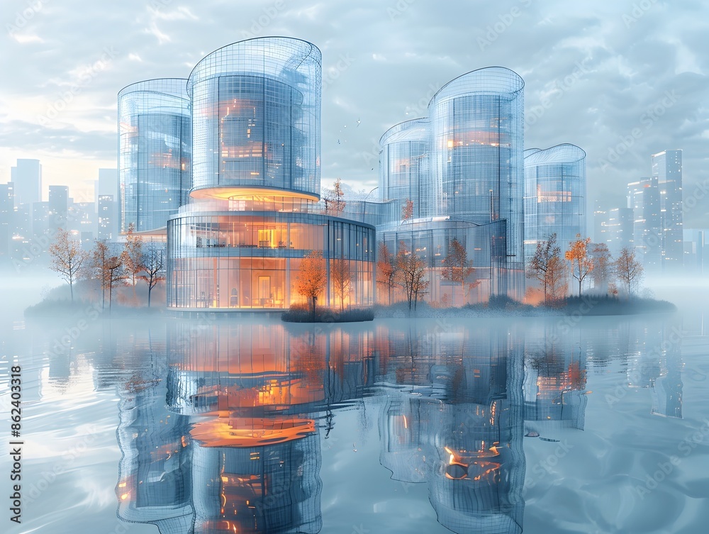 Poster futuristic architectural wireframe rendering of 3d generative ai created cityscape