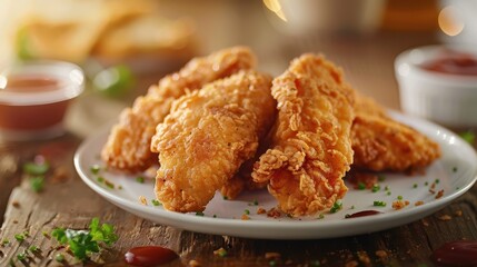 chicken crispy tenders meal, appetizing, wide shot --ar 16:9 Job ID: 50114f8d-de76-4621-a948-c2105c561047