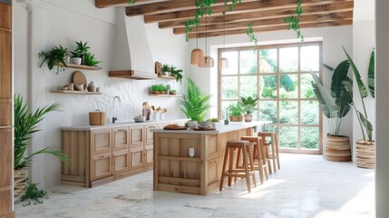 A kitchen with a wooden counter and cabinets, a window with plants. Generate AI image