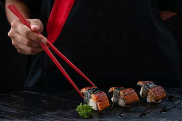 japanese style food, chopsticks, background, black, arrange, black background, black stone plate, chopstick, close up, closeup, cook, cooking, cuisine, decoration, decorative, delicious, dinner, eel s