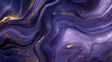 Abstract purple and blue marble swirls enriched by shimmering golden highlights