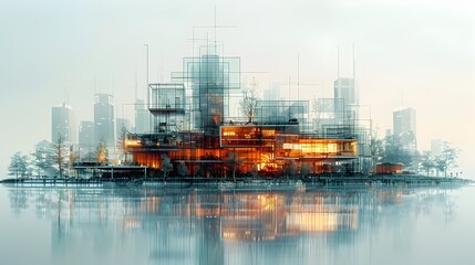 Fototapeta premium Futuristic Wireframe Architectural Building in Minimalist Cityscape