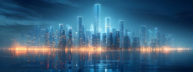 Fototapeta premium Modernist Skyscraper in Wire Frame Gleaming Cityscape Graphic Art 3D Render