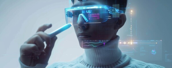 Man using augmented reality glasses interacting with virtual interface in futuristic setting