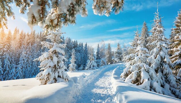 Winter landscape with fair trees under the snow. Scenery for the tourists. Christmas holidays. Trampled path in the snowdrift.