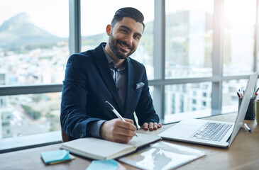 Fototapeta premium Laptop, notes and portrait of business man in office for financial analysis, company review and data analytics. Corporate, consultant and person writing on computer for research, website and planning