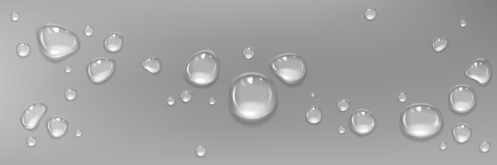 Water drops on wet surface. Vector realistic illustration of condensate, dew, cosmetic gel, serum, oil droplets, skin care product, transparent liquid bubbles, shower or bathroom wall design elements