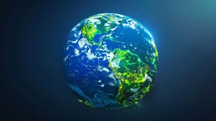 Fototapeta premium Illuminated globe of the Earth in blue and green, glowing vibrantly, raw and detailed, showcasing the planet's natural colors