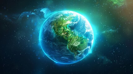 Fototapeta premium Illuminated globe of the Earth in blue and green, glowing vibrantly, raw and detailed, showcasing the planet's natural colors