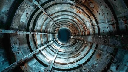 Inside a cooling tower flue, close-up shot capturing the internal components, raw style, detailed and industrial