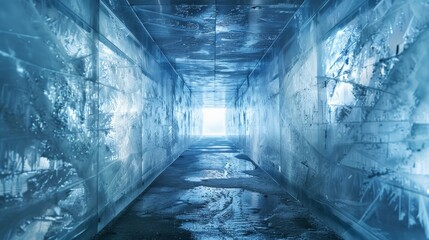 Inside a frosty freezer tunnel, covered in ice, demonstrating the freezing temperatures, raw style, clear and detailed