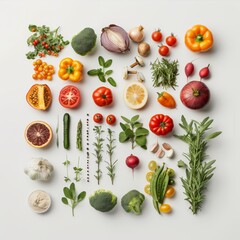 A variety of fresh vegetables and herbs arranged neatly on a white background, showcasing a vibrant and colorful collection of produce.