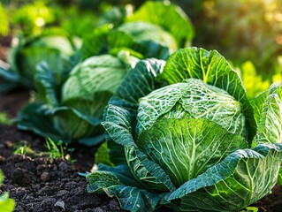Fototapeta premium A close-up of large, healthy cabbage heads with tightly layered leaves, bathed in sunlight, in a well-maintained eco-garden. The scene captures the vibrant green hues and natural texture of the