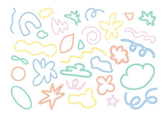 Set of abstract retro line shapes. Geometric shapes. Sticker set. Bubble, star, flower, loop, cloud, leaf, curve line, infinity sign, wavy  lines. Groovy style. Vector 