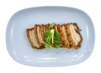 Crispy pork belly or deep fried pork on blue plate, Top view.